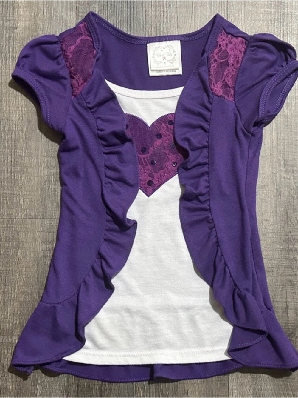 💞 Little Girls Size 4 Purple & White Ruffled Faux Layered Heart Tee